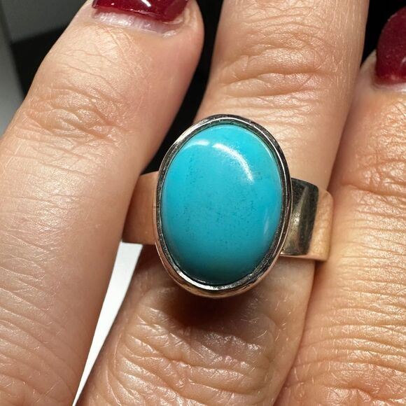 Unisex 3ct oval cabochon turquoise in solid sterling silver ring! - Picture 1 of 8